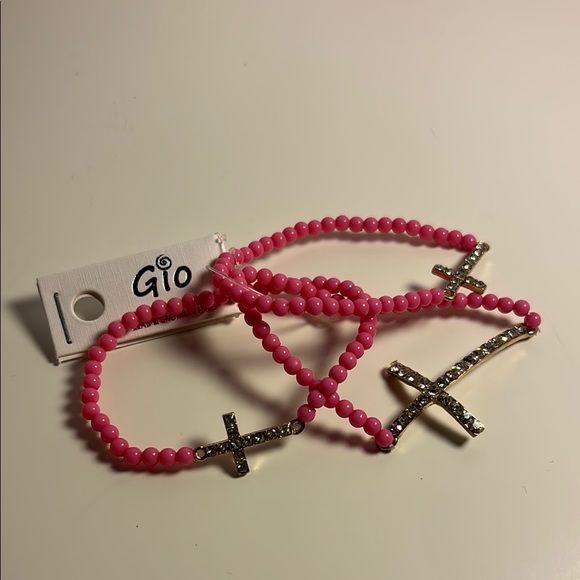 Jewelry - Pink Beaded and rhinestone Bracelets set of 3 with Gold Cross Charms